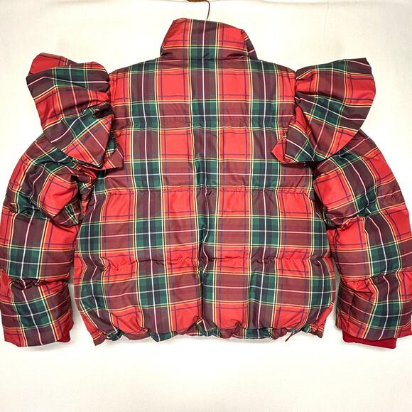 Hill House The Violet Ruffle Sleeve Puffer Jacket Womens L Tartan Plaid NWT Holi - Picture 10 of 16